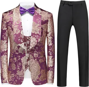 UNINUKOO Mens Suits Slim Fit 3 Piece Jacquard Suit 1 Button Shawl Collar Wedding Formal Tuxedo for Men