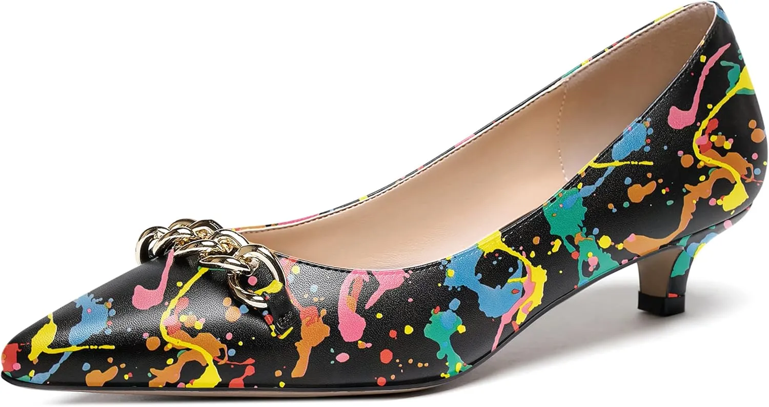 WAYDERNS Women's Pointed Toe Slip On Metal Chain Matte Kitten Low Heel Pumps Shoes 1.5 Inch