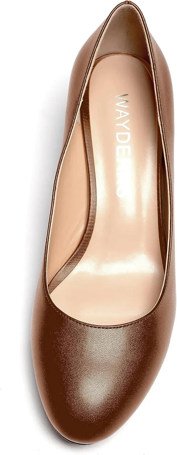 WAYDERNS Womens Round Toe Slip On Matte Dress Party Block High Heel Pumps Shoes 4 Inch