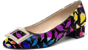 WAYDERNS Women's Slip On Square Toe Metal Buckle Patent Chunky Low Heel Pumps Shoes 1.5 Inch