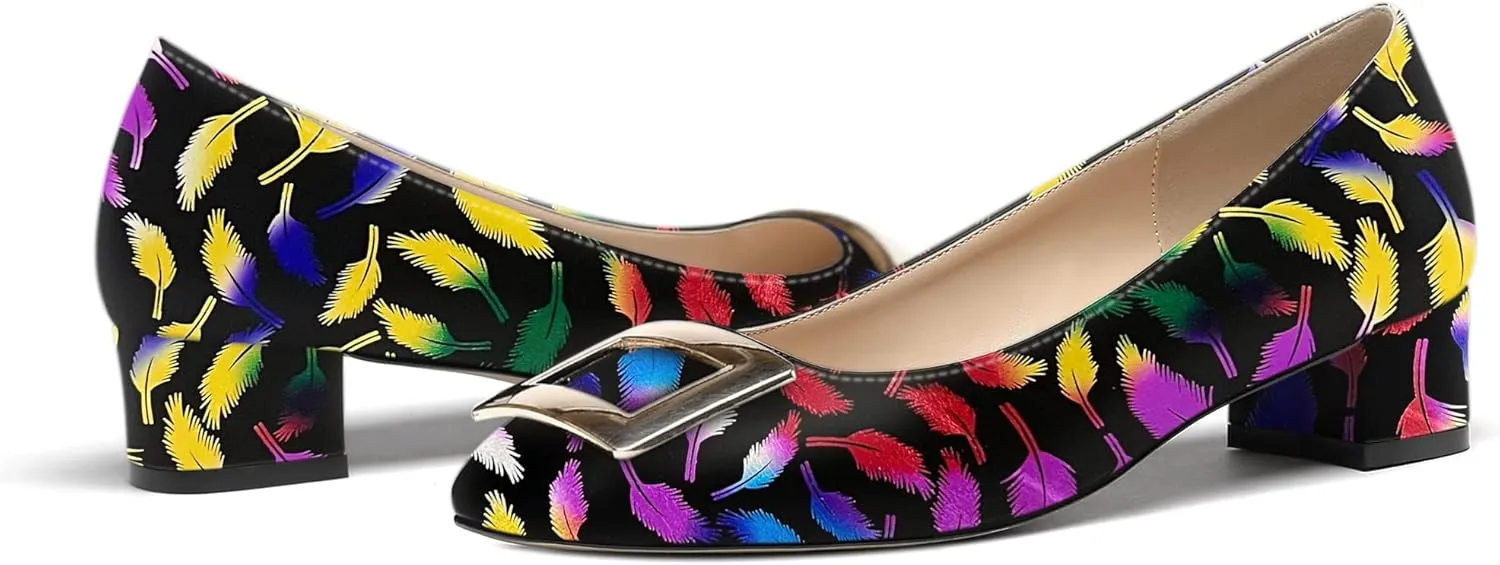 WAYDERNS Women's Slip On Square Toe Metal Buckle Patent Chunky Low Heel Pumps Shoes 1.5 Inch