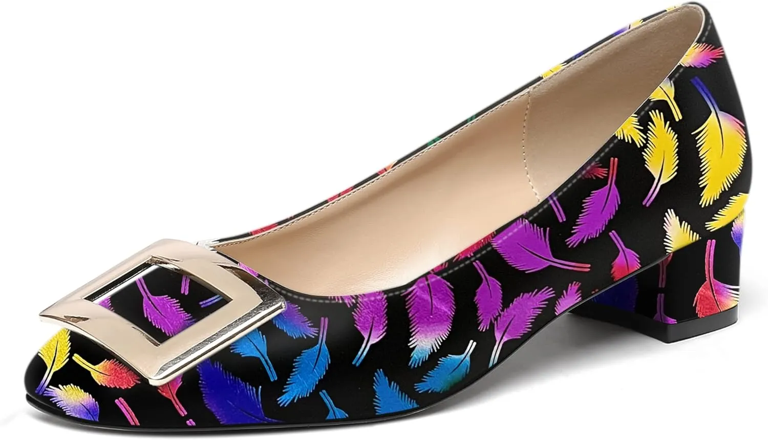 WAYDERNS Women's Slip On Square Toe Metal Buckle Patent Chunky Low Heel Pumps Shoes 1.5 Inch
