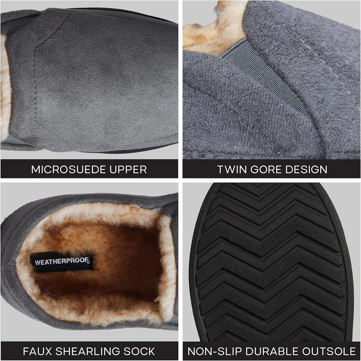 Weatherproof Microsuede House Shoes for Men, Twin Gore Slip-On Design, Indoor Outdoor Slippers with Faux Fur Lining and Non-Slip Rubber Sole