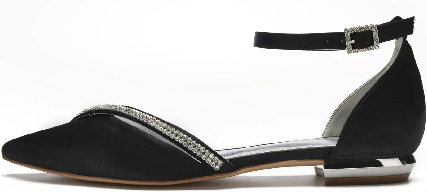 Wedding Shoes Flats for Bride Satin Rhinestone Pointed Toe Women Dress Shoes for Special Occasions