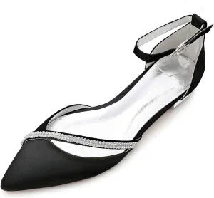 Wedding Shoes Flats for Bride Satin Rhinestone Pointed Toe Women Dress Shoes for Special Occasions