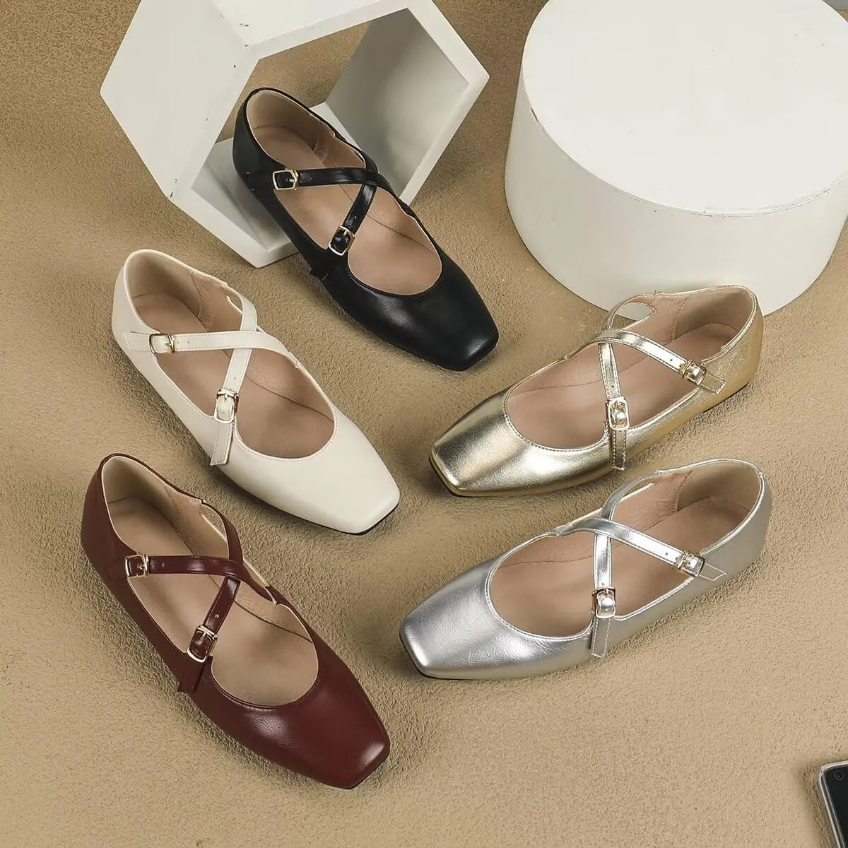 WENJIAZHIZHI Women's Mary Jane Flats Shoes Fashion Ankle Double Buckle Cross Strap Dressy Wedding Ballet Flat