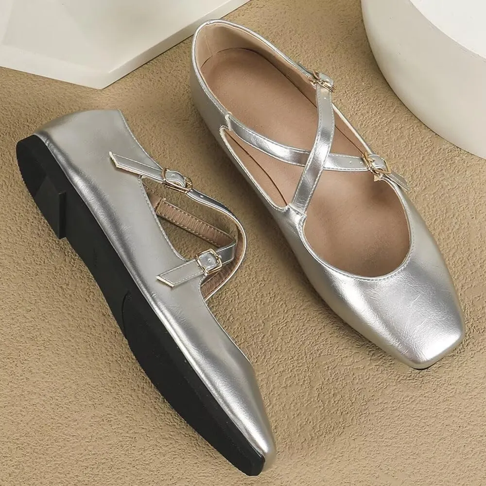 WENJIAZHIZHI Women's Mary Jane Flats Shoes Fashion Ankle Double Buckle Cross Strap Dressy Wedding Ballet Flat