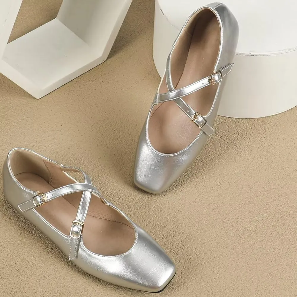 WENJIAZHIZHI Women's Mary Jane Flats Shoes Fashion Ankle Double Buckle Cross Strap Dressy Wedding Ballet Flat