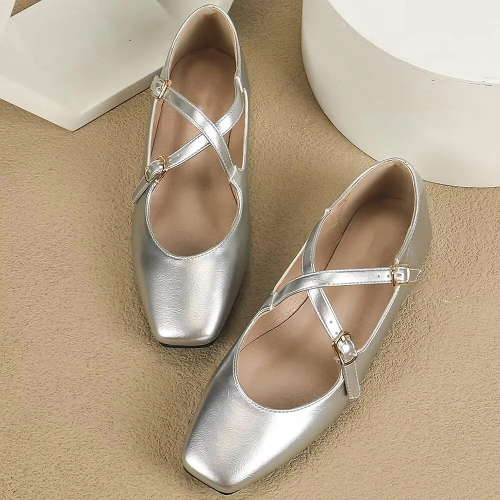WENJIAZHIZHI Women's Mary Jane Flats Shoes Fashion Ankle Double Buckle Cross Strap Dressy Wedding Ballet Flat