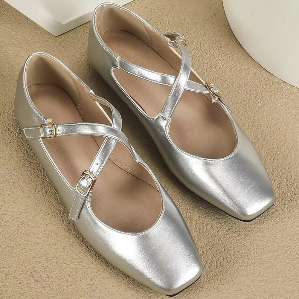 WENJIAZHIZHI Women's Mary Jane Flats Shoes Fashion Ankle Double Buckle Cross Strap Dressy Wedding Ballet Flat