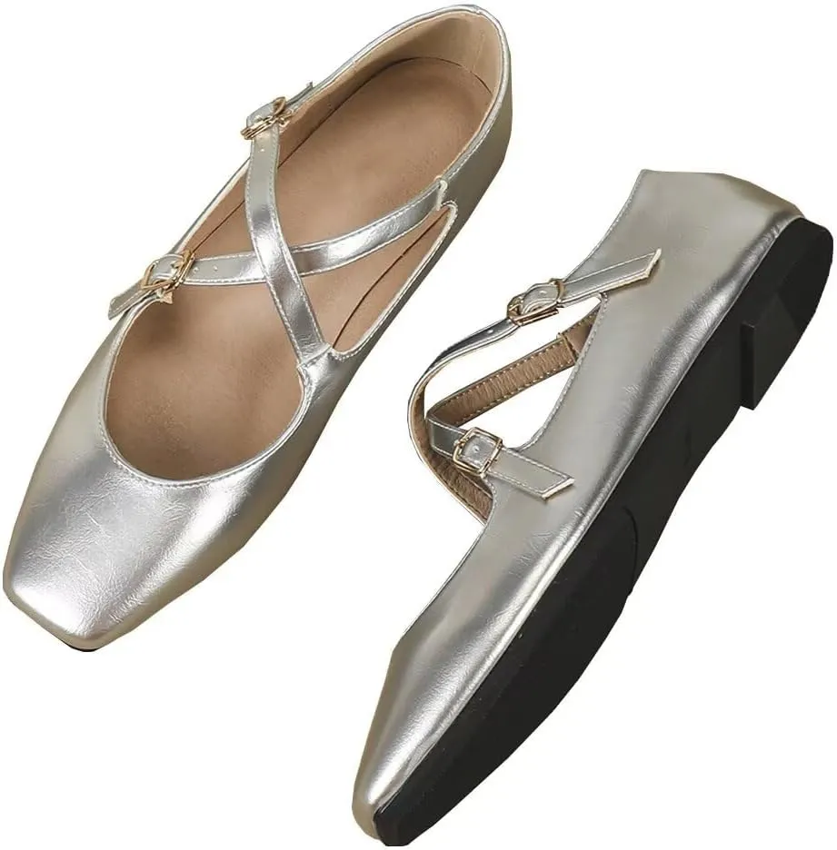 WENJIAZHIZHI Women's Mary Jane Flats Shoes Fashion Ankle Double Buckle Cross Strap Dressy Wedding Ballet Flat