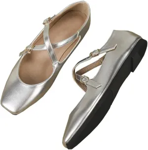 WENJIAZHIZHI Women's Mary Jane Flats Shoes Fashion Ankle Double Buckle Cross Strap Dressy Wedding Ballet Flat