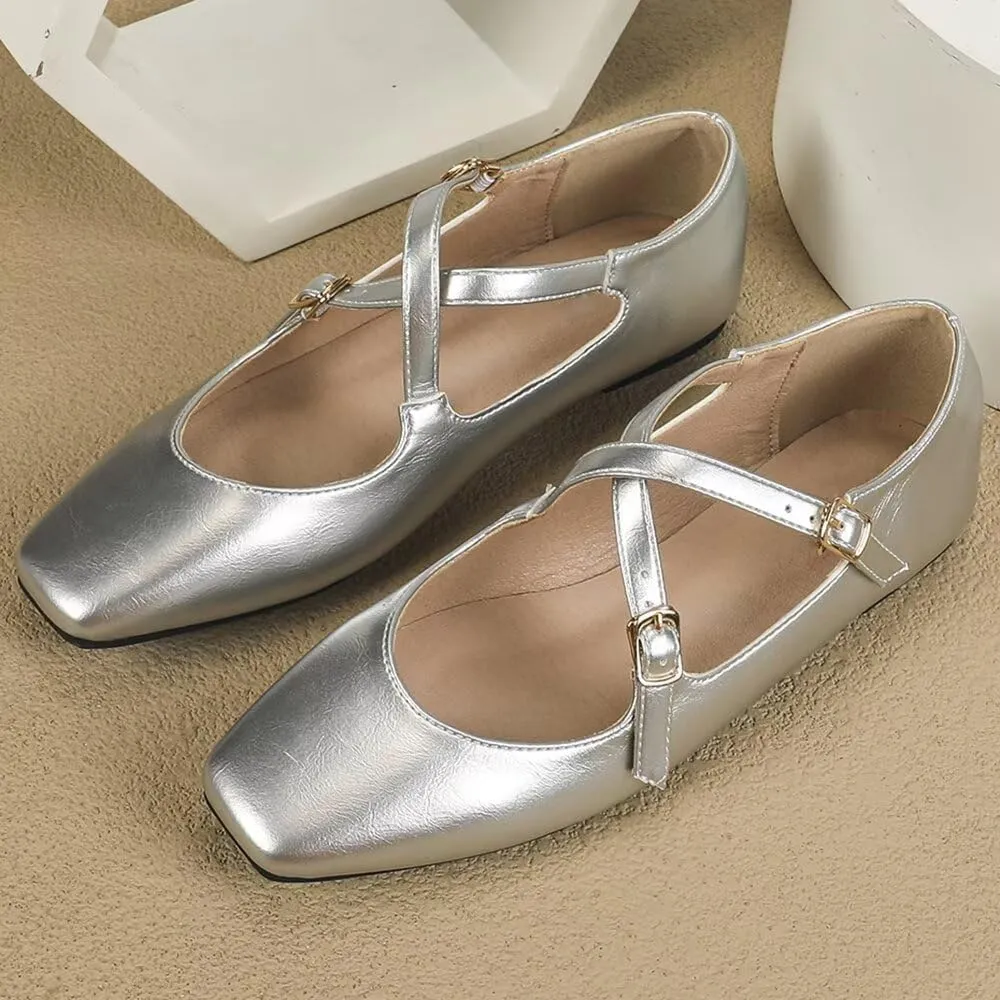 WENJIAZHIZHI Women's Mary Jane Flats Shoes Fashion Ankle Double Buckle Cross Strap Dressy Wedding Ballet Flat