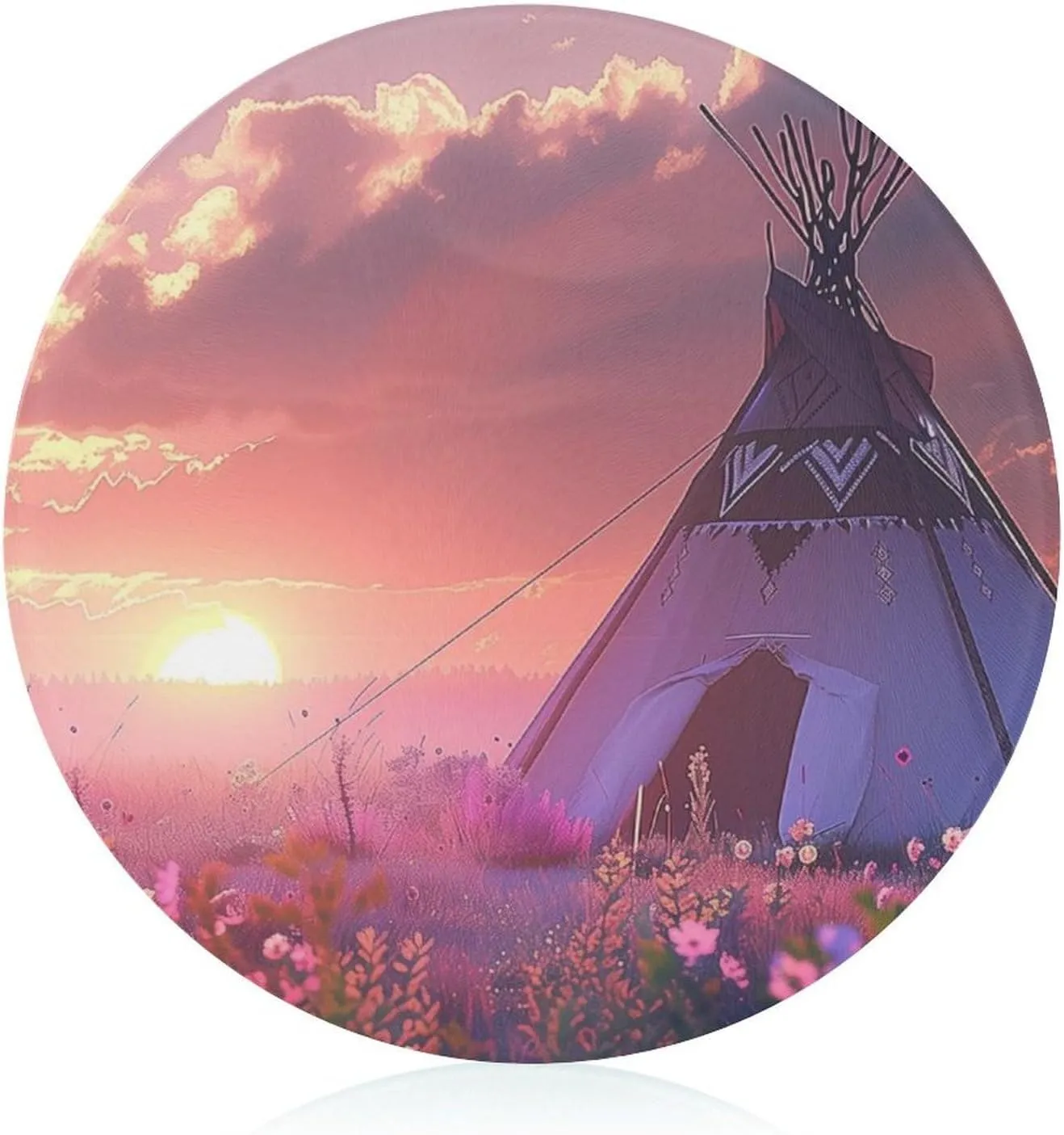 Wild Camping Sunset Tempered Glass Cutting Boards Kitchen Scratch Resistant Non-Slip Chopping Board with Rubber Feet