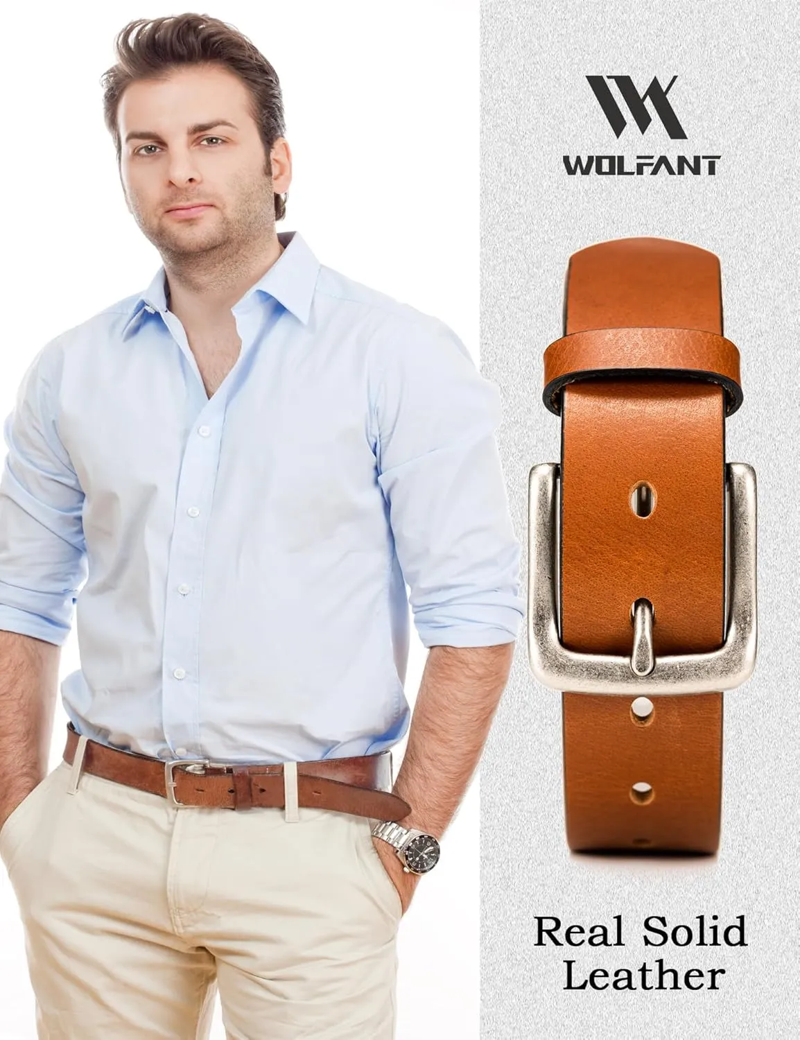 WOLFANT Men's 35mm Casual Jean Belt,100% Real Solid Buffalo Leather