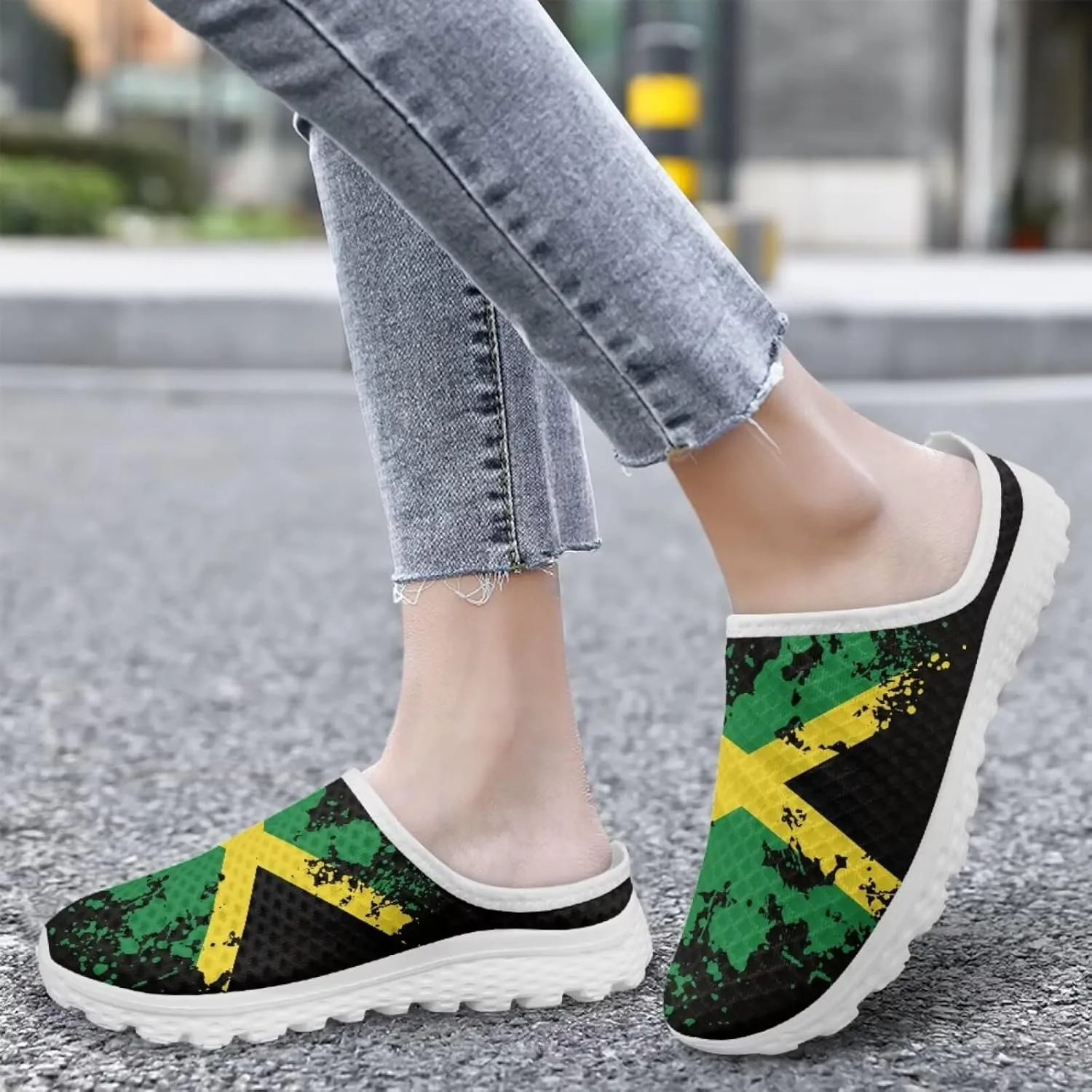 Womens Backless Shoes Flags Print Walking Mules Slip-on Closed Toe Slippers Breathable Mesh Sneakers