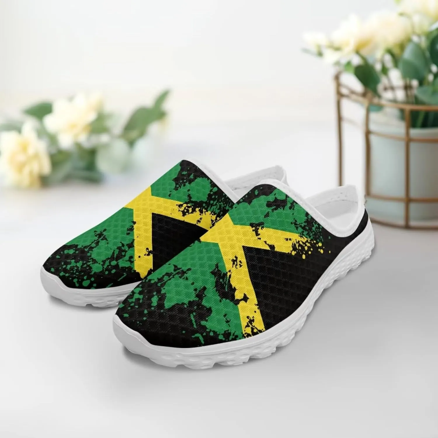 Womens Backless Shoes Flags Print Walking Mules Slip-on Closed Toe Slippers Breathable Mesh Sneakers