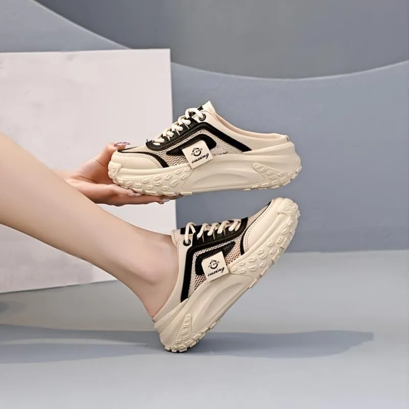 Women's Casual Mules, Breathable Mesh Slip-On Sneakers with Thick Sole, Versatile Solid Color Design for All Seasons