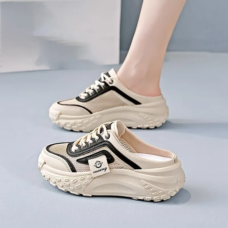 Women's Casual Mules, Breathable Mesh Slip-On Sneakers with Thick Sole, Versatile Solid Color Design for All Seasons