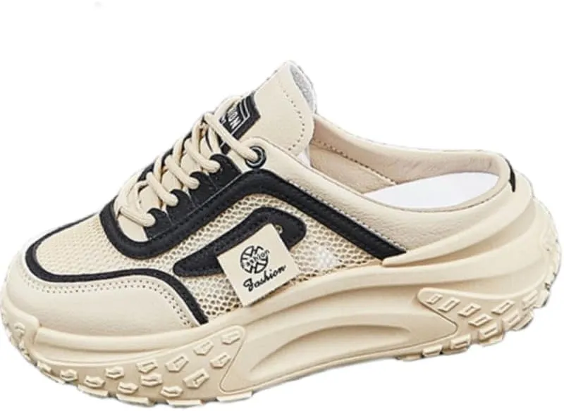 Women's Casual Mules, Breathable Mesh Slip-On Sneakers with Thick Sole, Versatile Solid Color Design for All Seasons