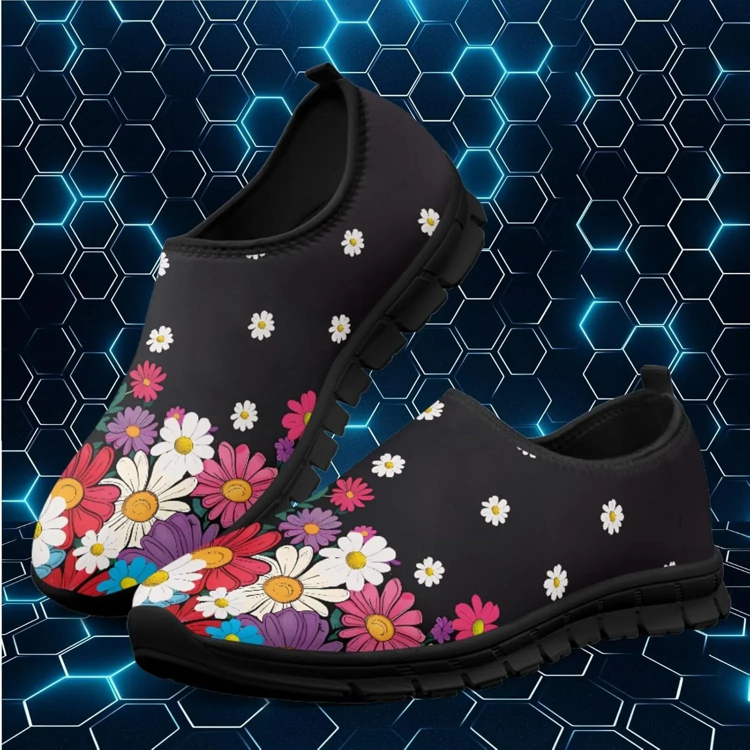 Women's Casual Walking Shoes with Flower,Slip On Mesh Sneakers Lightweight Anti Slip Running Shoes Gym Workout Shoes Trainers