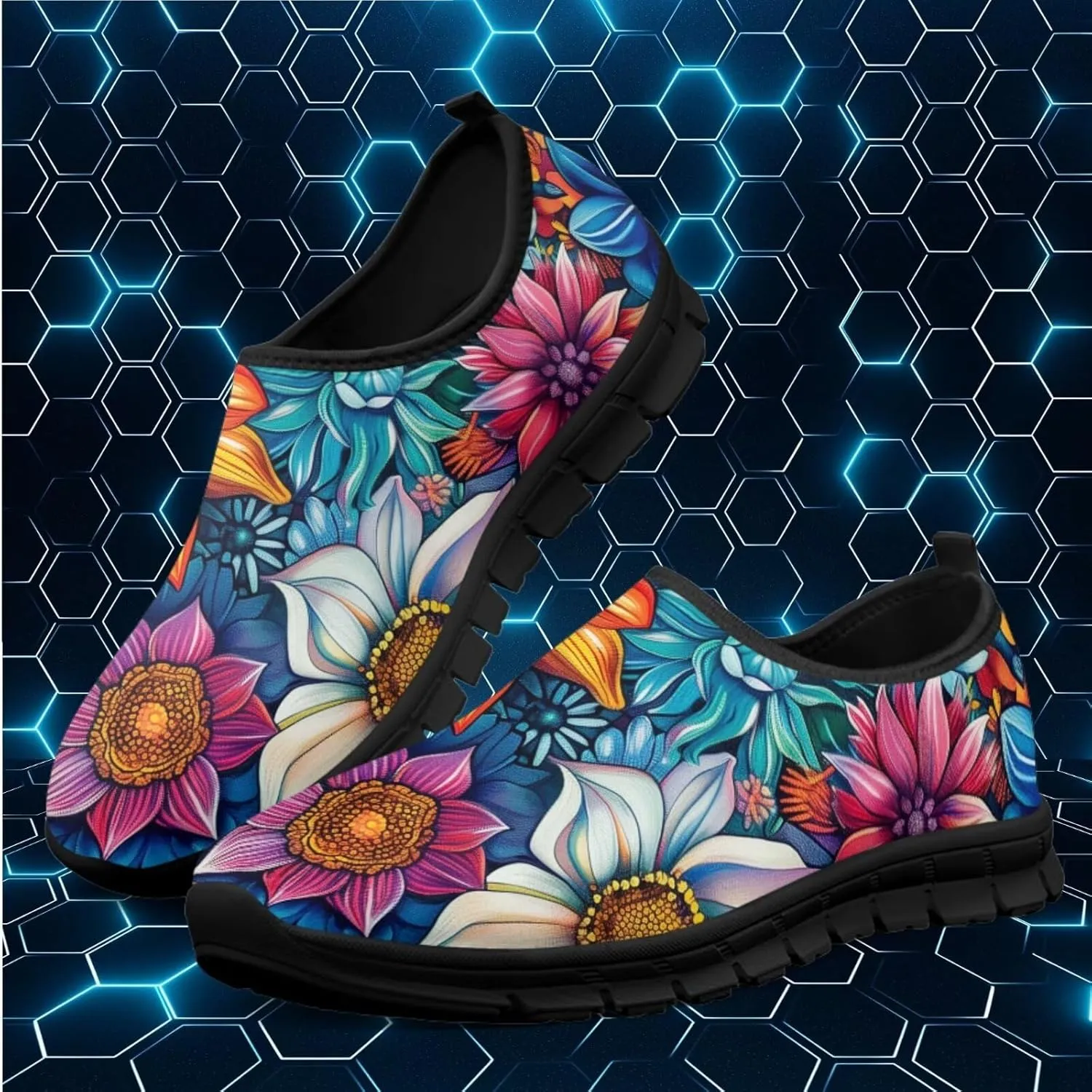 Women's Casual Walking Shoes with Flower,Slip On Mesh Sneakers Lightweight Anti Slip Running Shoes Gym Workout Shoes Trainers