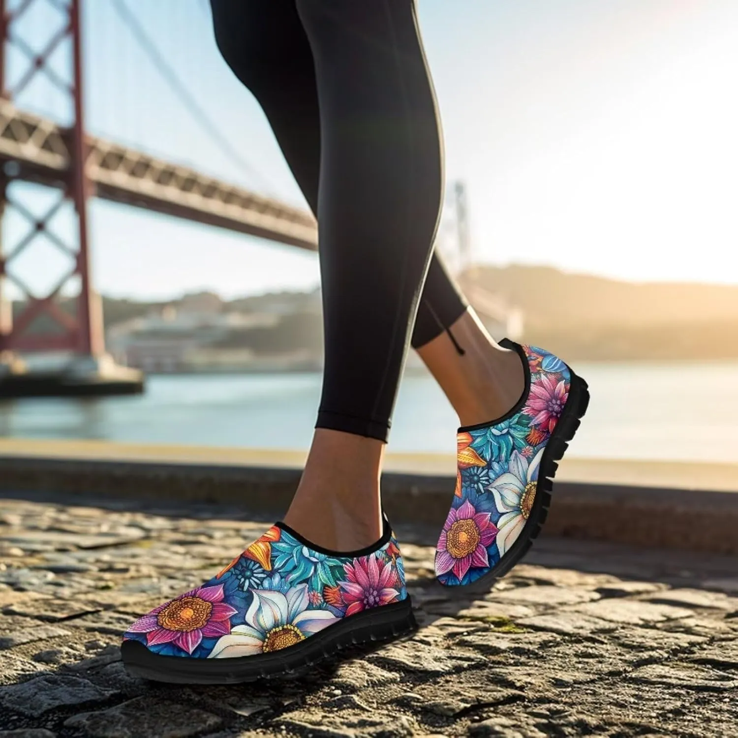 Women's Casual Walking Shoes with Flower,Slip On Mesh Sneakers Lightweight Anti Slip Running Shoes Gym Workout Shoes Trainers