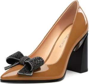 Womens Chunky Block High Heels Patent Closed Pointed Toe Bow Pumps Slip on Heels Wedding Party Dress Shoes 3.5IN Brown Patent Size 9.5