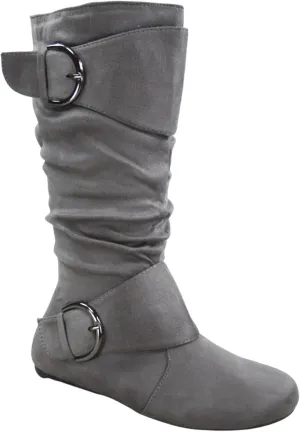 Women's Closed Round Toe Buckle Side Zip Buckle Slouch Flat Heel Mid-Calf Boot