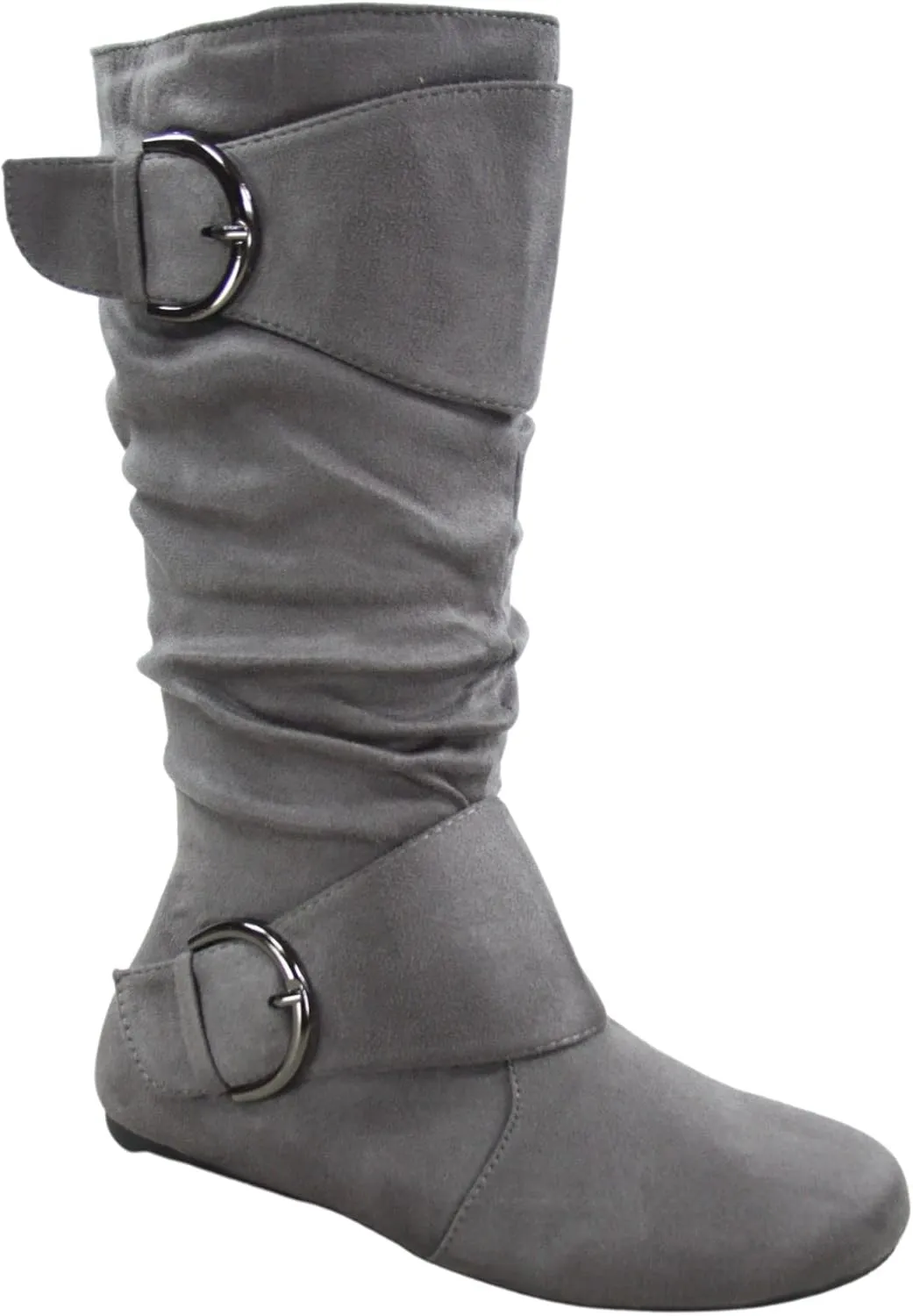 Women's Closed Round Toe Buckle Side Zip Buckle Slouch Flat Heel Mid-Calf Boot