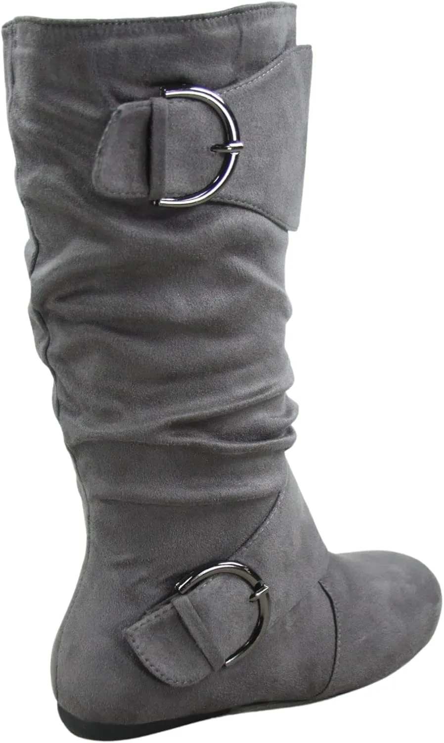 Women's Closed Round Toe Buckle Side Zip Buckle Slouch Flat Heel Mid-Calf Boot