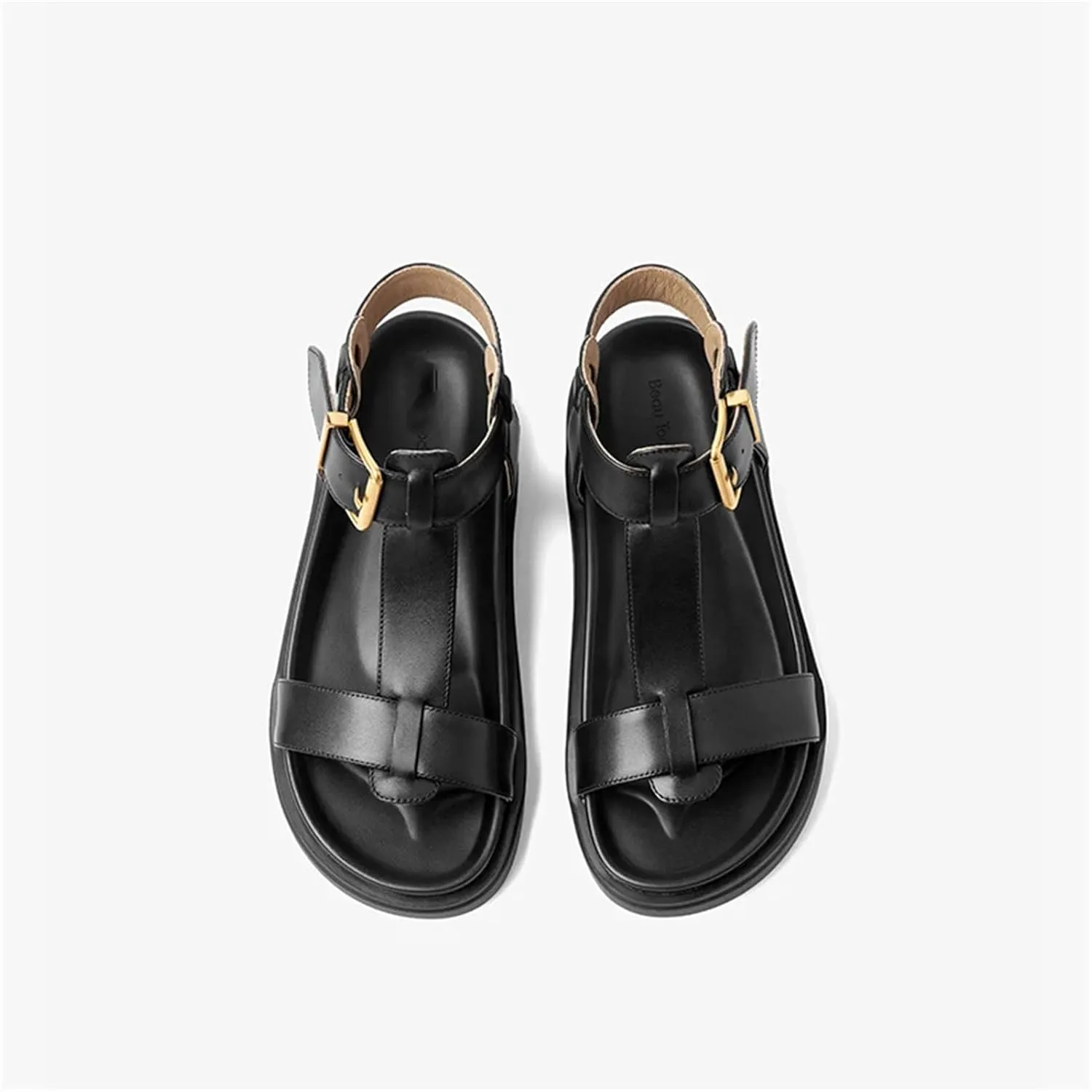 Women's Cow Leather T-Strap Sandals, Thick Sole Platform Summer Casual
