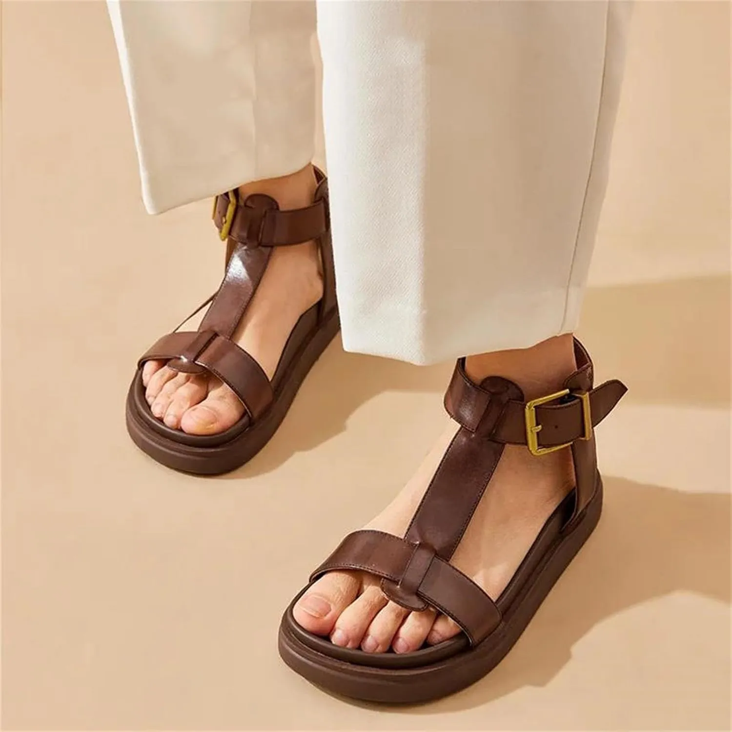 Women's Cow Leather T-Strap Sandals, Thick Sole Platform Summer Casual