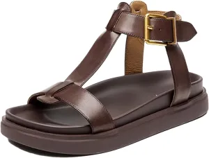 Women's Cow Leather T-Strap Sandals, Thick Sole Platform Summer Casual