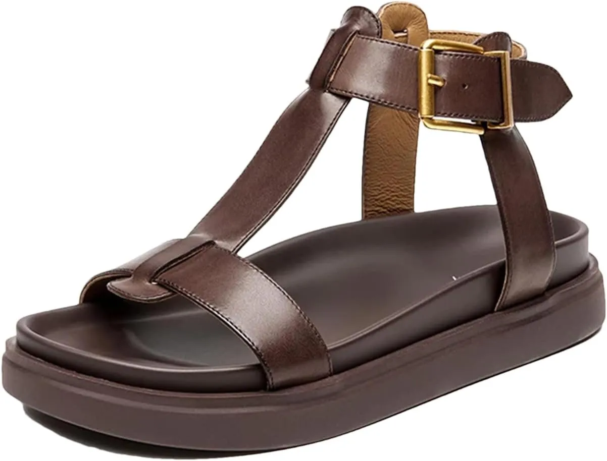 Women's Cow Leather T-Strap Sandals, Thick Sole Platform Summer Casual