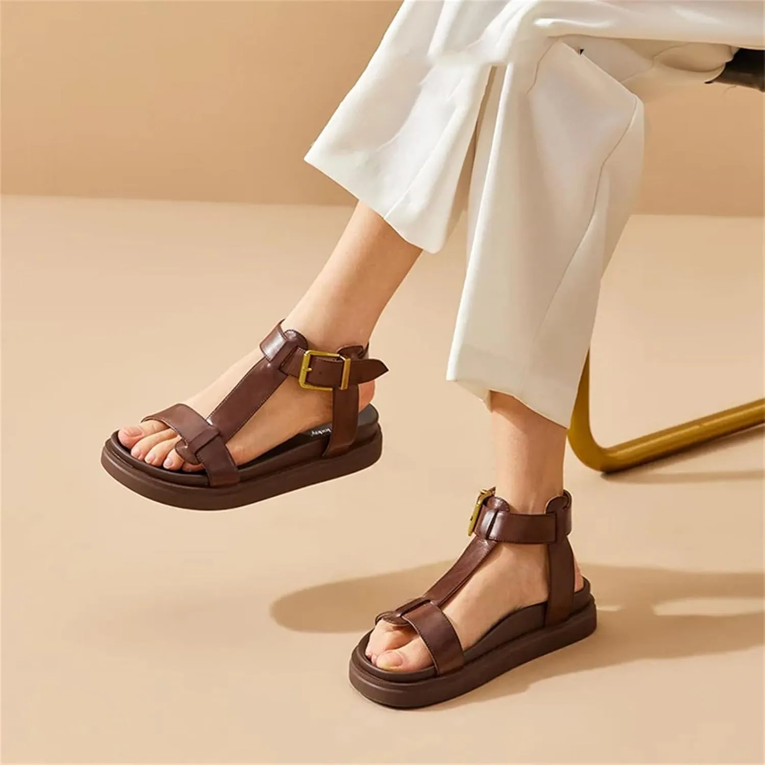 Women's Cow Leather T-Strap Sandals, Thick Sole Platform Summer Casual