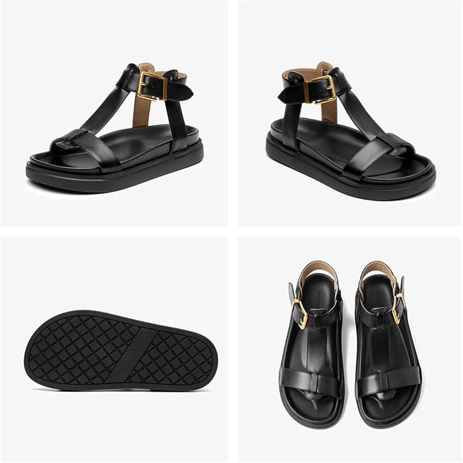 Women's Cow Leather T-Strap Sandals, Thick Sole Platform Summer Casual