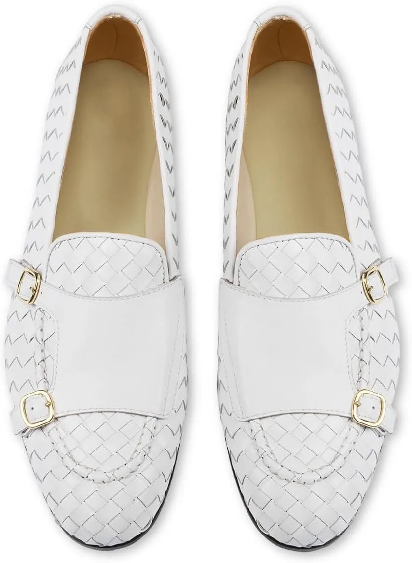 Women's Flat Loafers Double Buckle Woven Casual Breathable Summer Flats