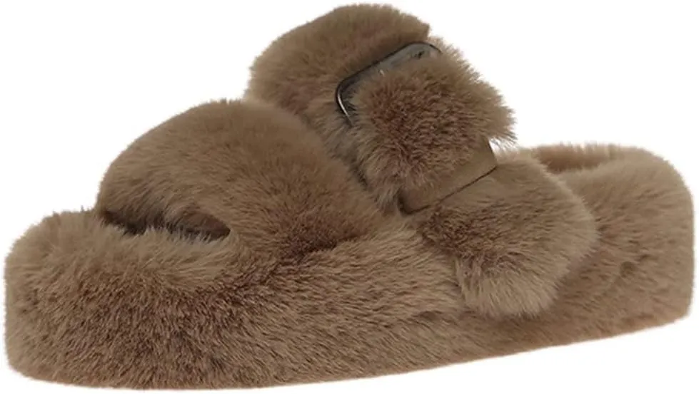 Women's Fuzzy Slippers Open Toe Fur Slides Fluffy Plush Slippers Furry Slip On Slippers House Shoes