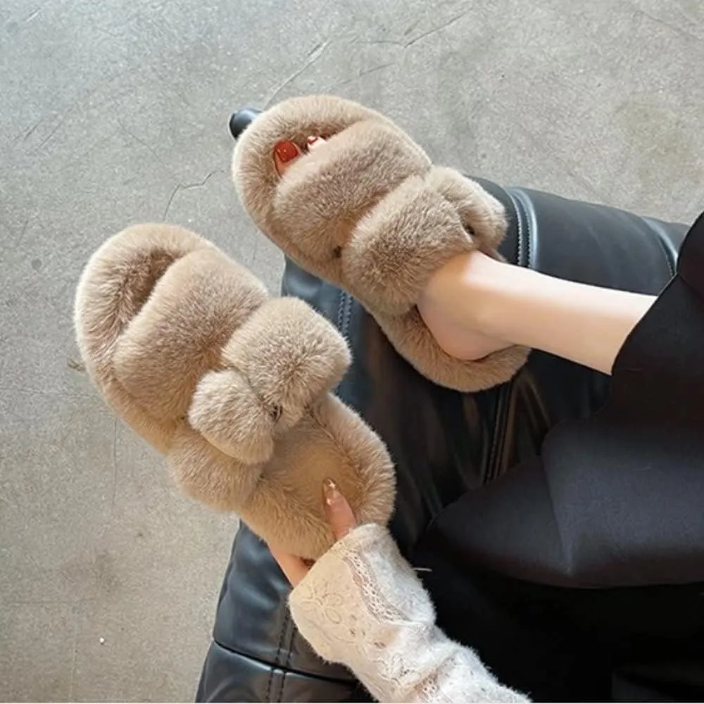 Women's Fuzzy Slippers Open Toe Fur Slides Fluffy Plush Slippers Furry Slip On Slippers House Shoes