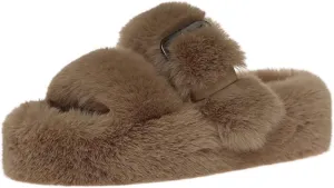 Women's Fuzzy Slippers Open Toe Fur Slides Fluffy Plush Slippers Furry Slip On Slippers House Shoes