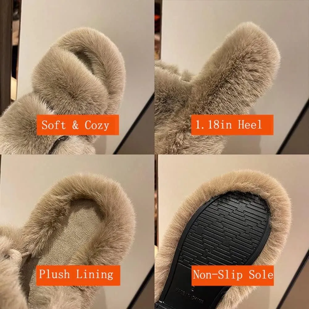Women's Fuzzy Slippers Open Toe Fur Slides Fluffy Plush Slippers Furry Slip On Slippers House Shoes