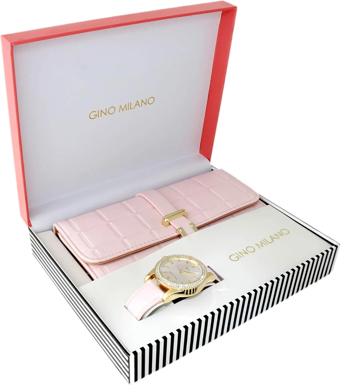 Women's Gold Leather Band Watch & Matching Tri-Fold Wallet Set