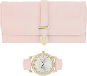 Women's Gold Leather Band Watch & Matching Tri-Fold Wallet Set