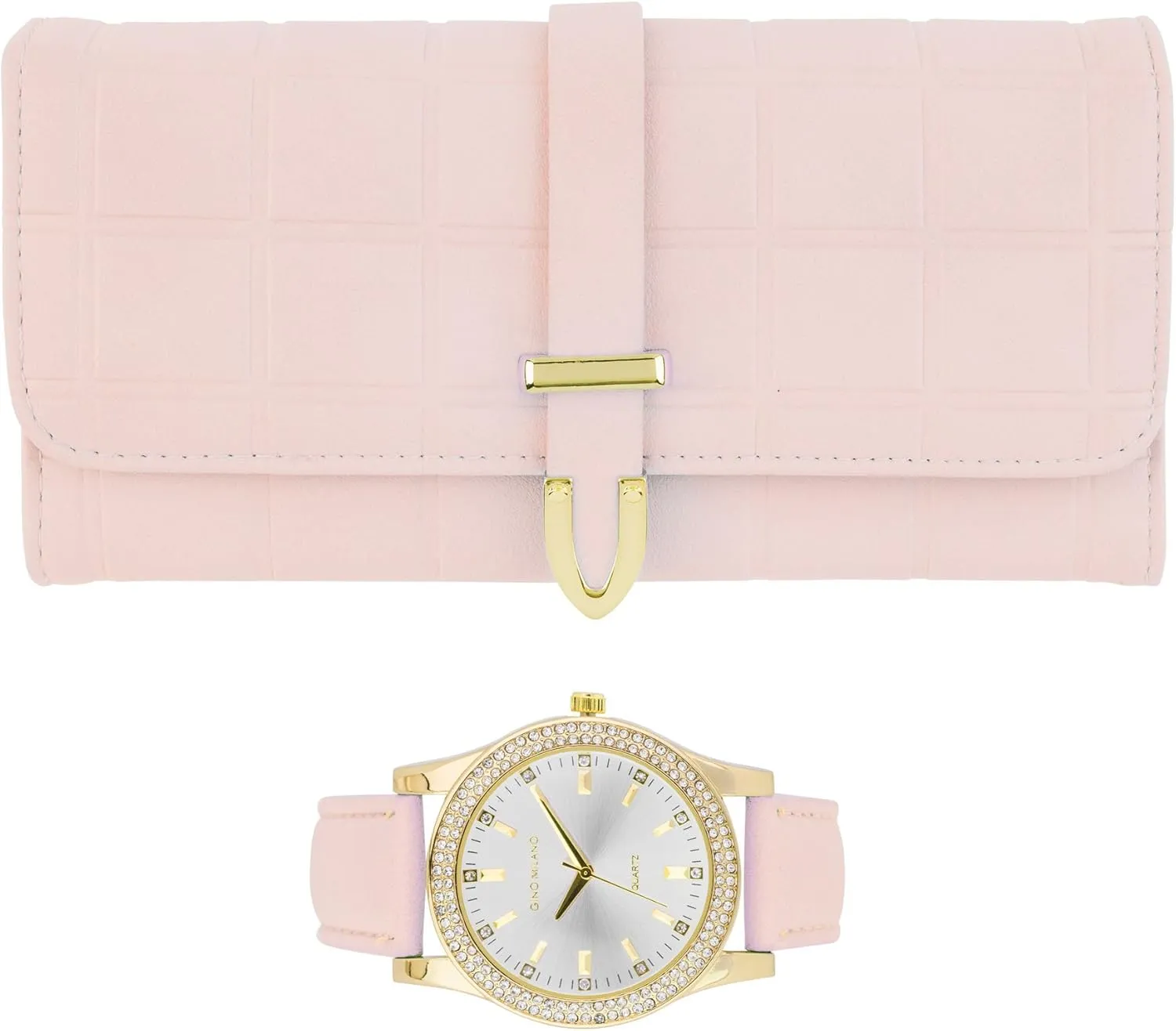 Women's Gold Leather Band Watch & Matching Tri-Fold Wallet Set
