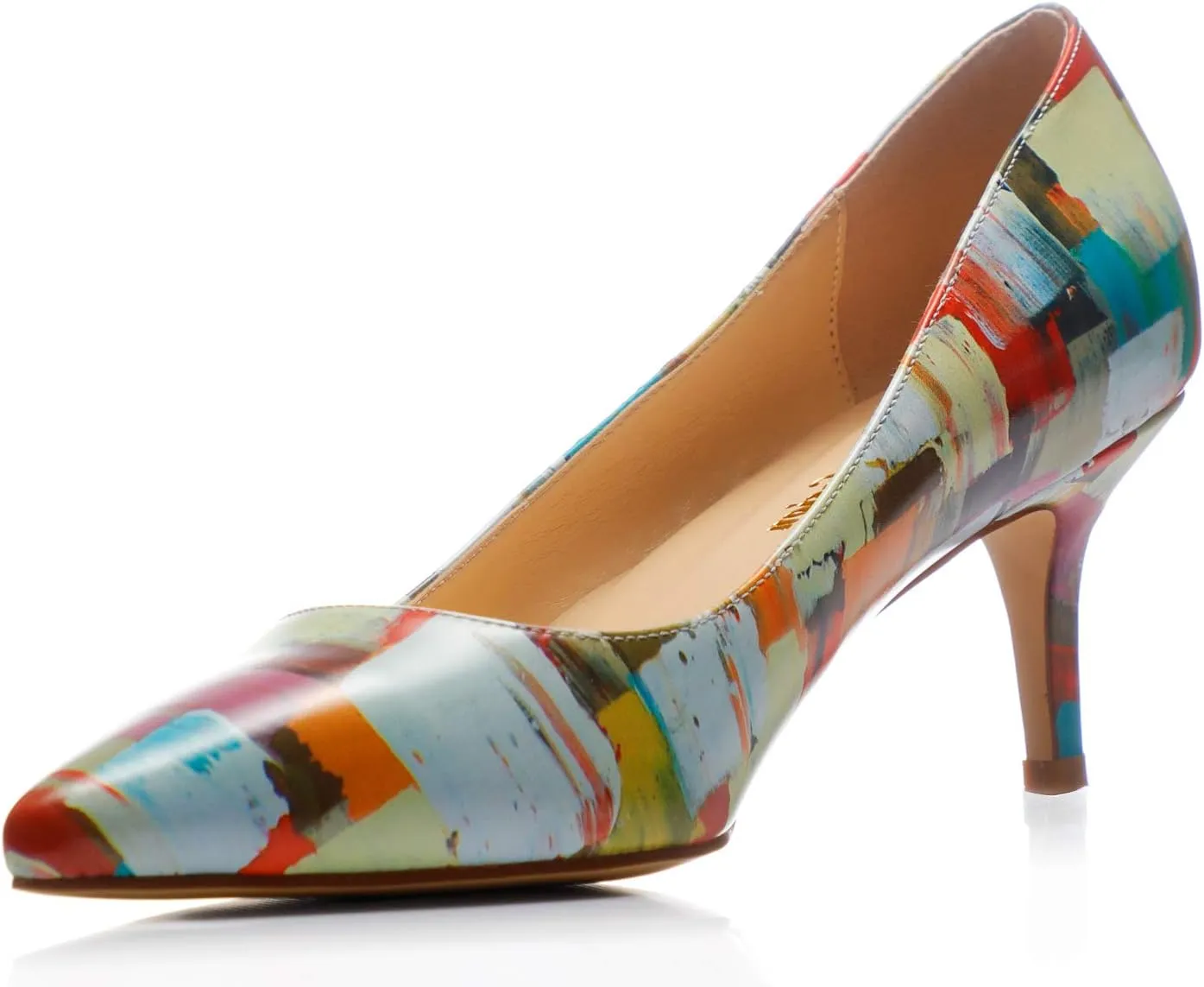 Women's High Heels/Orange Square Printed Sexy Kitten Heels/Unique Elegant Closed Toe Heels Shoes/Multicolor Plaid Printed Dress Slip on Low Heels Pumps Size 9.5