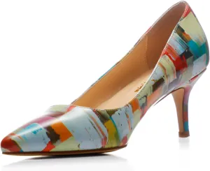 Women's High Heels/Orange Square Printed Sexy Kitten Heels/Unique Elegant Closed Toe Heels Shoes/Multicolor Plaid Printed Dress Slip on Low Heels Pumps Size 9.5