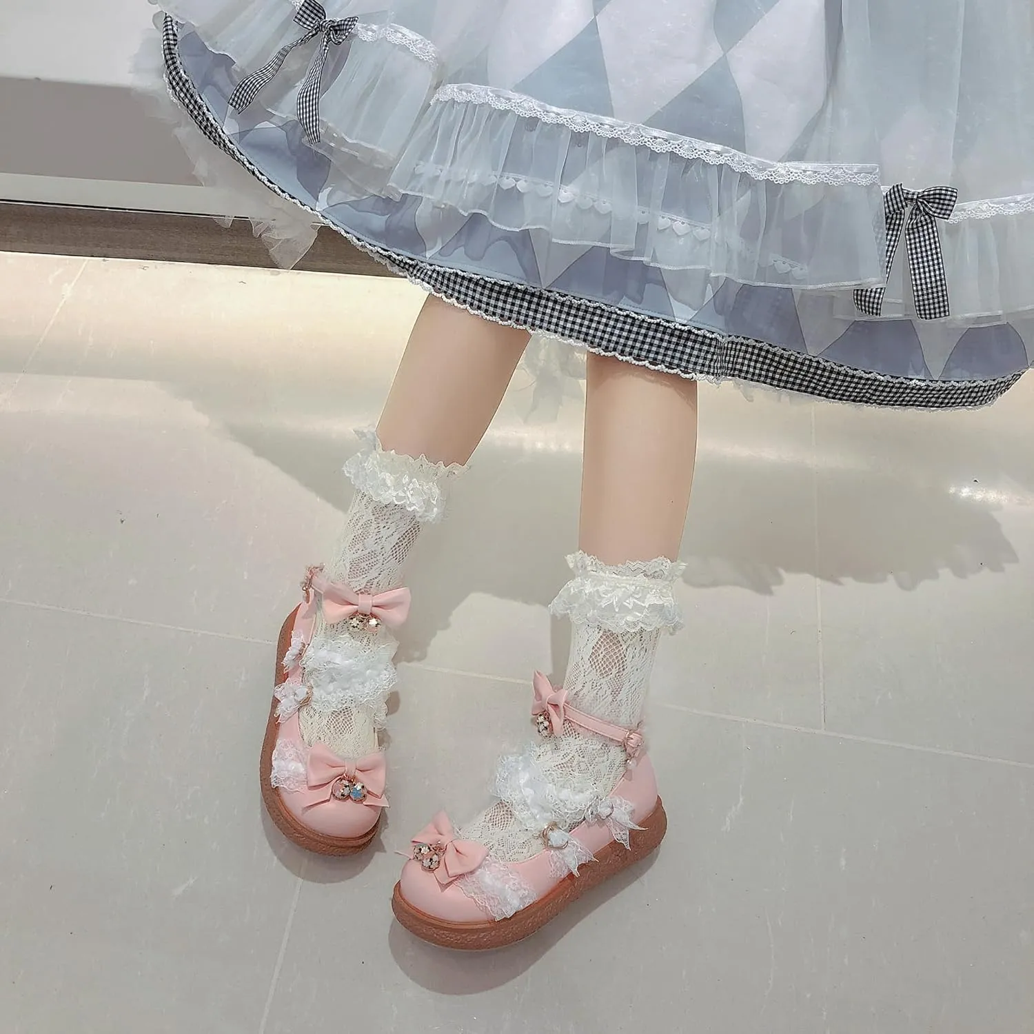 Women's Kawaii Low Wedge Heel Mary Jane Platform Lolita Shoes, Cute Round Toe Ankle Strap Buckle Mary Jane Flats, Sweet Dress Uniform Cosplay School Shoes with Bow