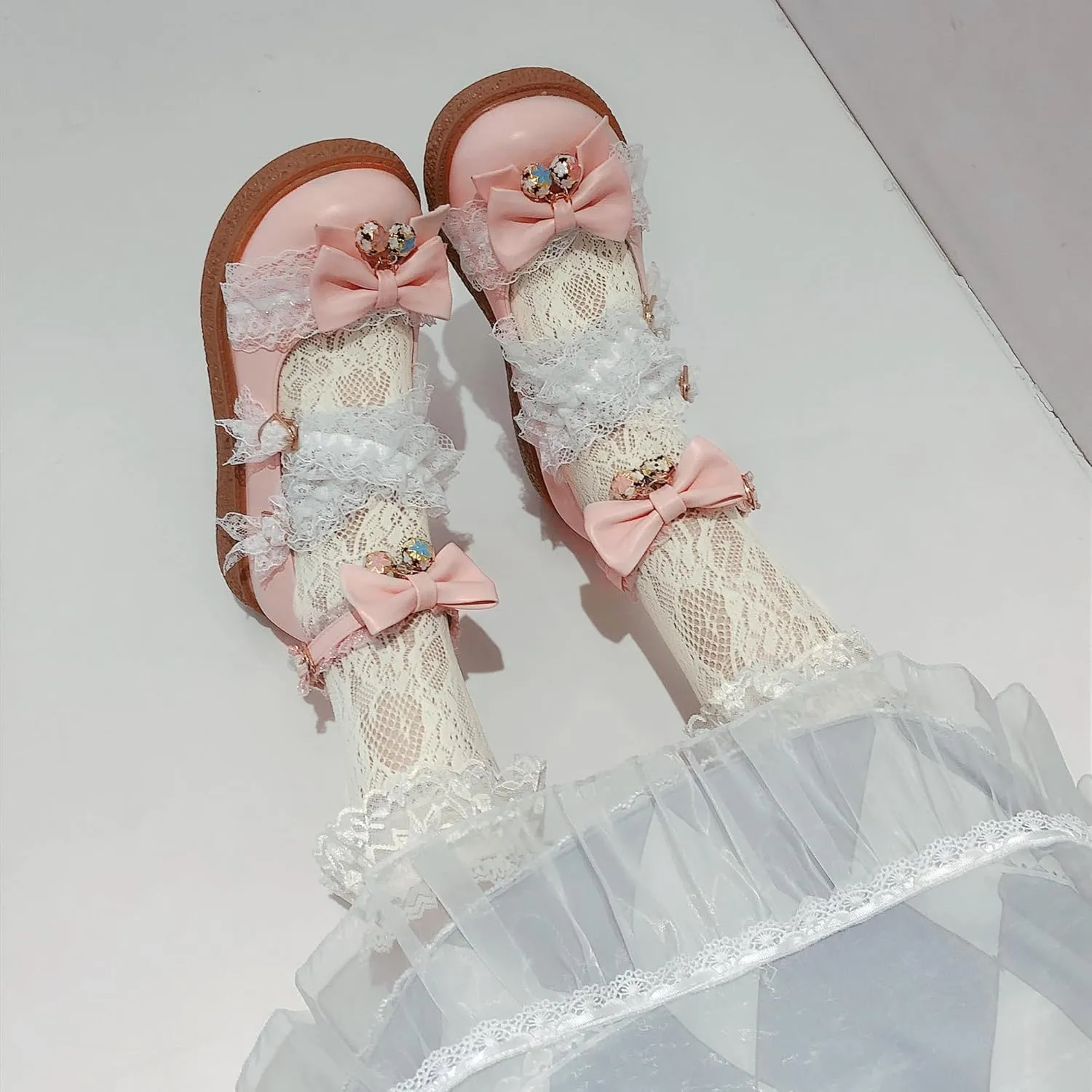 Women's Kawaii Low Wedge Heel Mary Jane Platform Lolita Shoes, Cute Round Toe Ankle Strap Buckle Mary Jane Flats, Sweet Dress Uniform Cosplay School Shoes with Bow