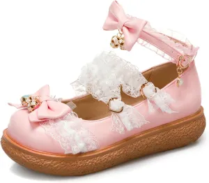 Women's Kawaii Low Wedge Heel Mary Jane Platform Lolita Shoes, Cute Round Toe Ankle Strap Buckle Mary Jane Flats, Sweet Dress Uniform Cosplay School Shoes with Bow